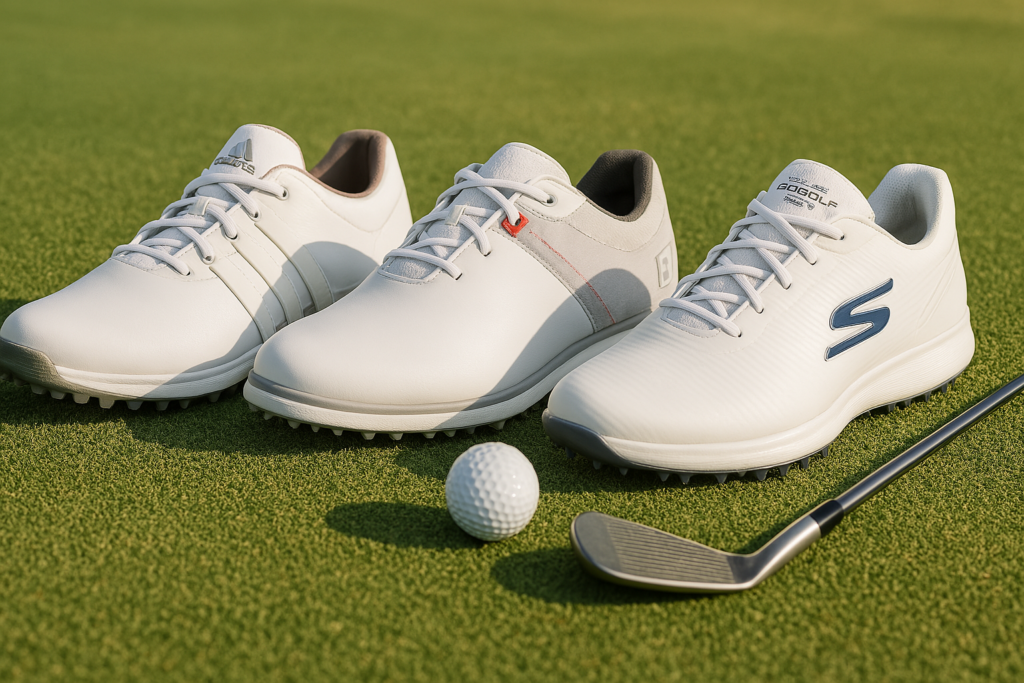 : Comparatif visuel des chaussures de golf 2025 : modèles FootJoy, Skechers et Adidas sur fond vert.