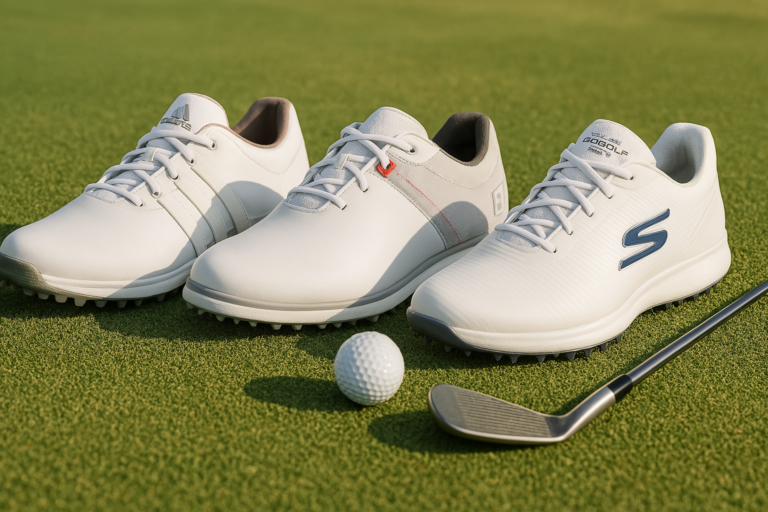 : Comparatif visuel des chaussures de golf 2025 : modèles FootJoy, Skechers et Adidas sur fond vert.