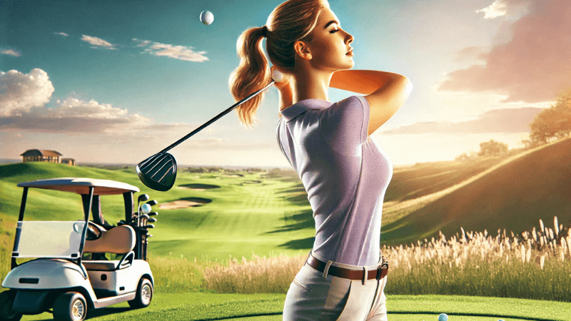 Golfeuse réalisant un swing puissant sur un parcours, illustrant comment gagner de la distance au golf pour les femmes