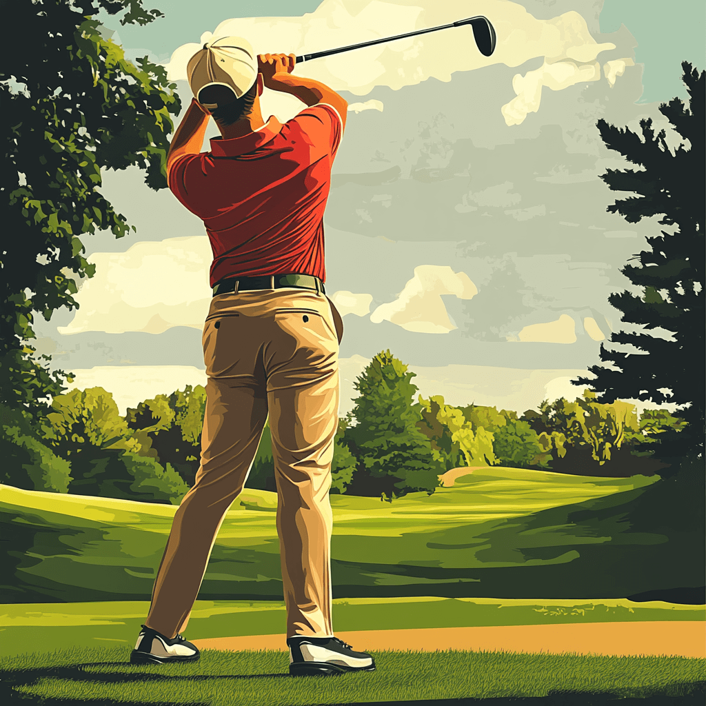 Golfeur au départ, en pleine réflexion stratégique pour choisir entre driver et bois, sur un parcours avec fairway étroit.