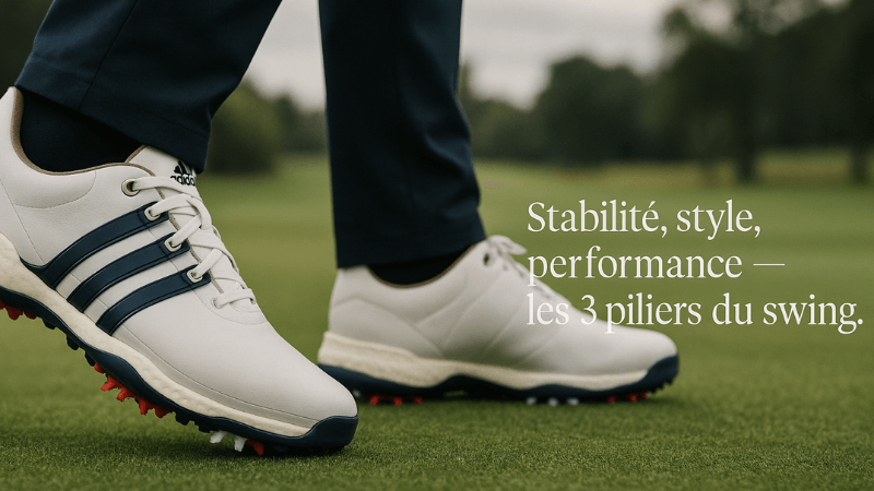 Golfeur portant les Adidas Tour360 22 sur parcours, soulignant style et performance.