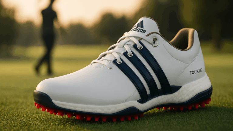Chaussure de golf Adidas Tour360 22 sur le green avec golfeur en arrière-plan.