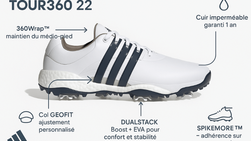 Chaussure de golf Adidas Tour360 22 avec description des technologies intégrées.
