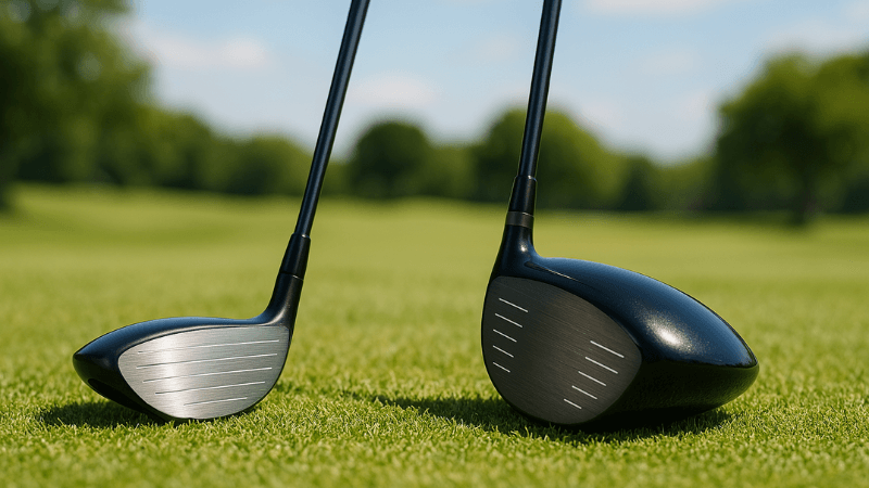 Deux drivers de golf de tailles différentes alignés sur le fairway.