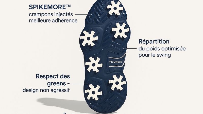 Vue de la semelle des Adidas Tour360 22 montrant les crampons et zones d’adhérence.