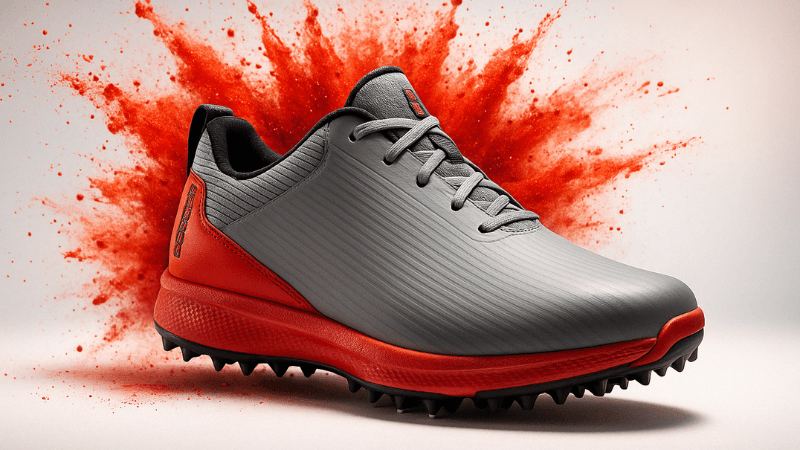 Chaussure de golf grise et rouge mise en valeur avec un effet d’explosion