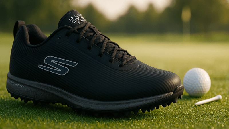 Chaussure de golf noire Skechers sur gazon avec balle et tee en arrière-plan