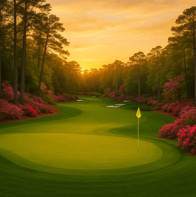 Trou fleuri de l’Augusta National Golf Club au coucher du soleil.
