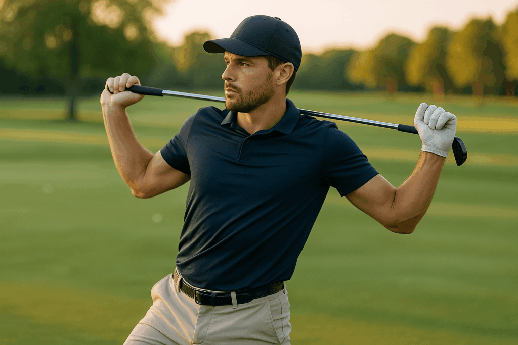 Golfeur en échauffement avec un club sur les épaules pour prévenir les blessures.