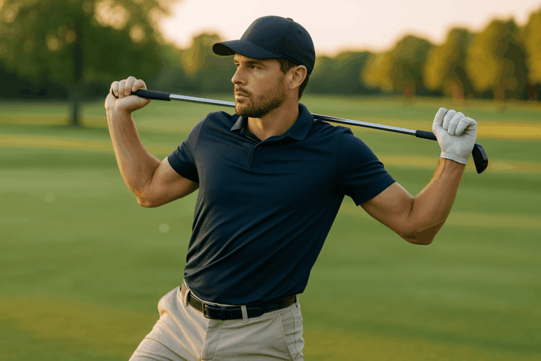 Golfeur en échauffement avec un club sur les épaules pour prévenir les blessures.