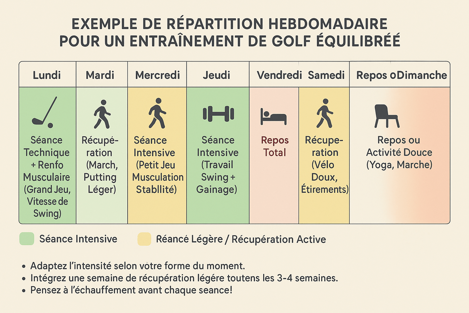 Exemple de planning hebdomadaire pour un entraînement de golf équilibré et sans blessures.