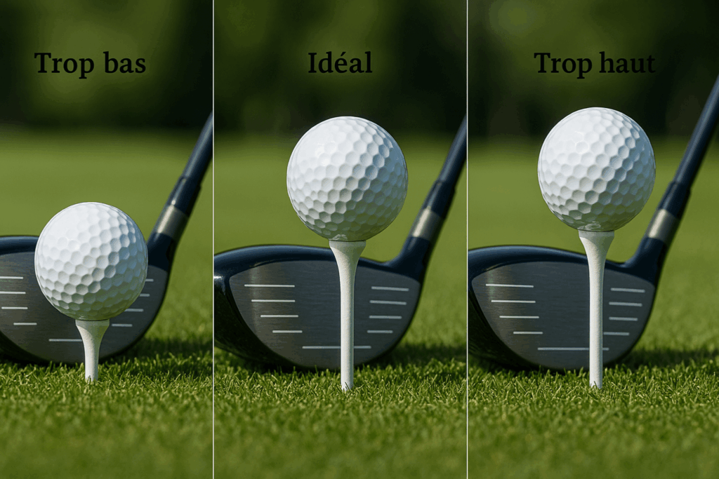 Comparaison hauteur tee driver golf : trop bas, idéal et trop haut, avec balle placée devant le club.