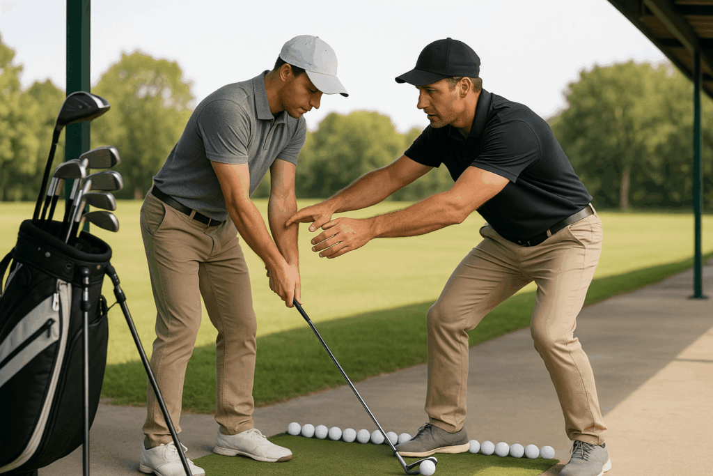 Professeur de golf enseignant le swing à un débutant pour préparer la Carte Verte