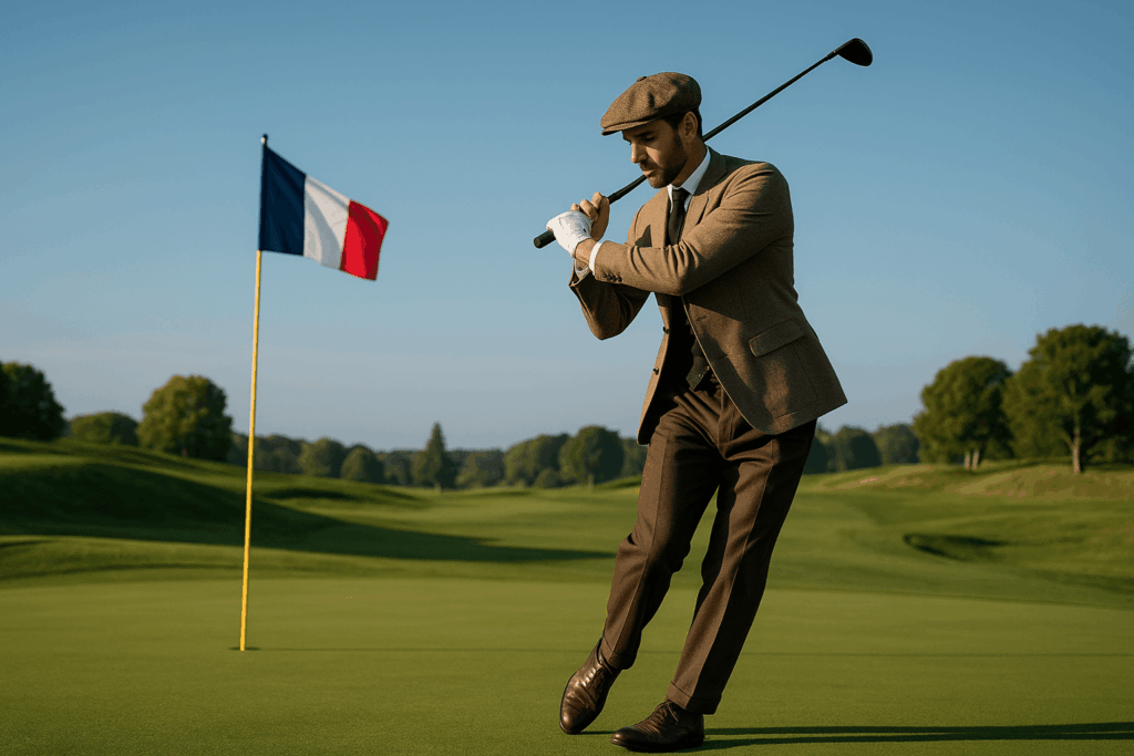 Golfeur jouant sur un parcours en France avec un drapeau tricolore, symbolisant la Carte Verte française