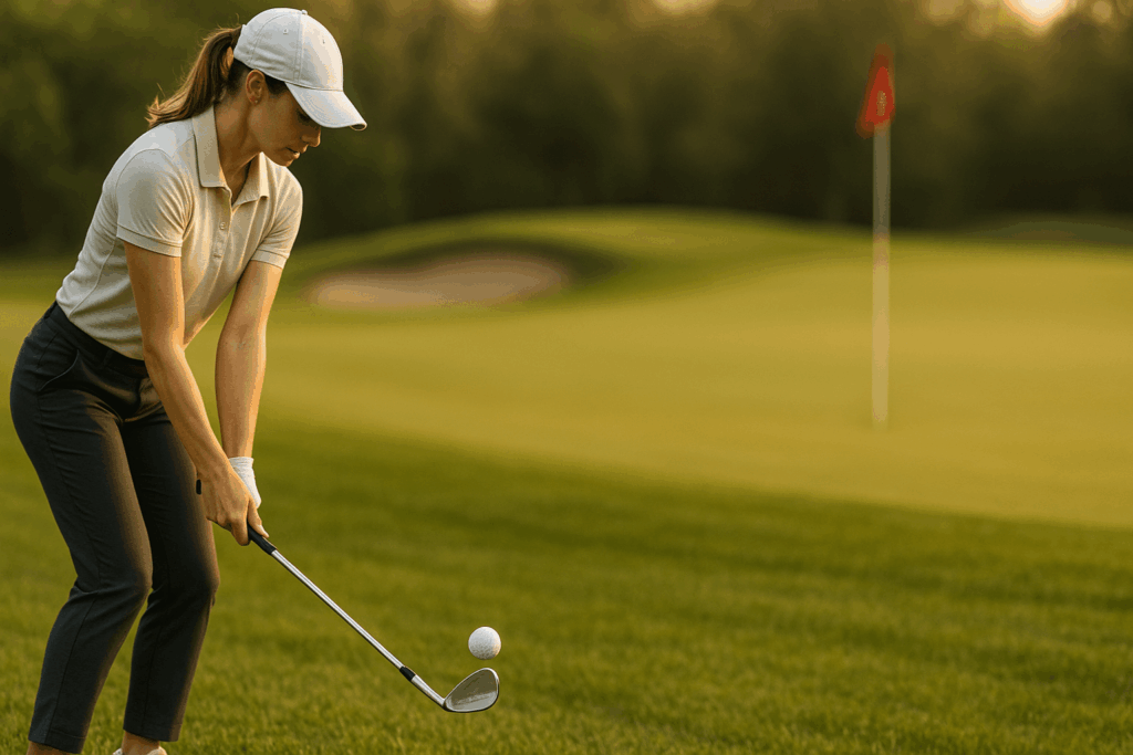 Golfeuse réalisant une approche au wedge vers le green avec drapeau en arrière-plan.
