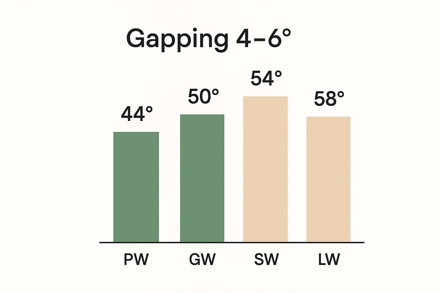 Graphique montrant le gapping idéal des wedges : PW 44°, GW 50°, SW 54°, LW 58°.