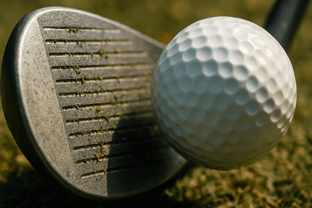 Gros plan sur la face d’un wedge avec rainures en contact avec une balle de golf.