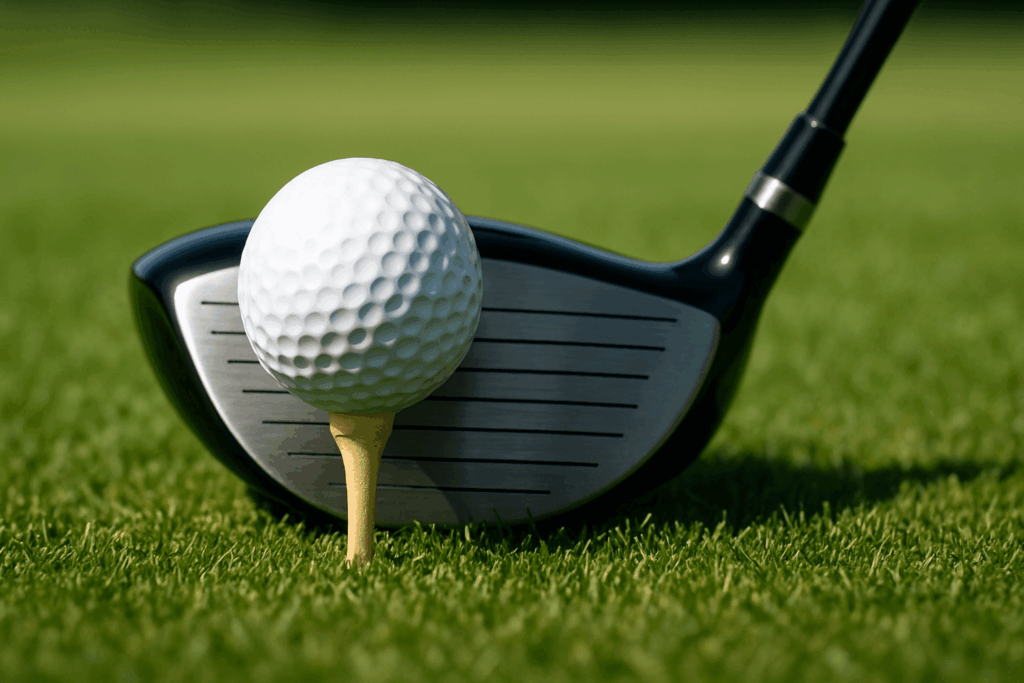 Balle de golf sur tee alignée avec la face d’un driver, hauteur idéale pour réussir un départ.