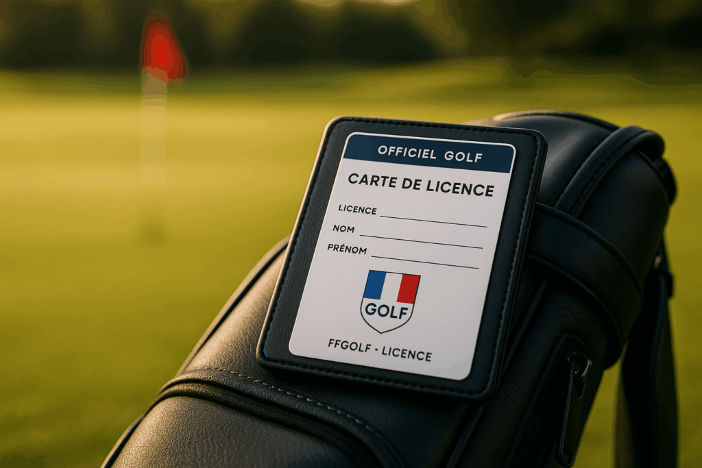 Licence de golf posée sur un sac de golf sur le green, symbolisant la Carte Verte en France