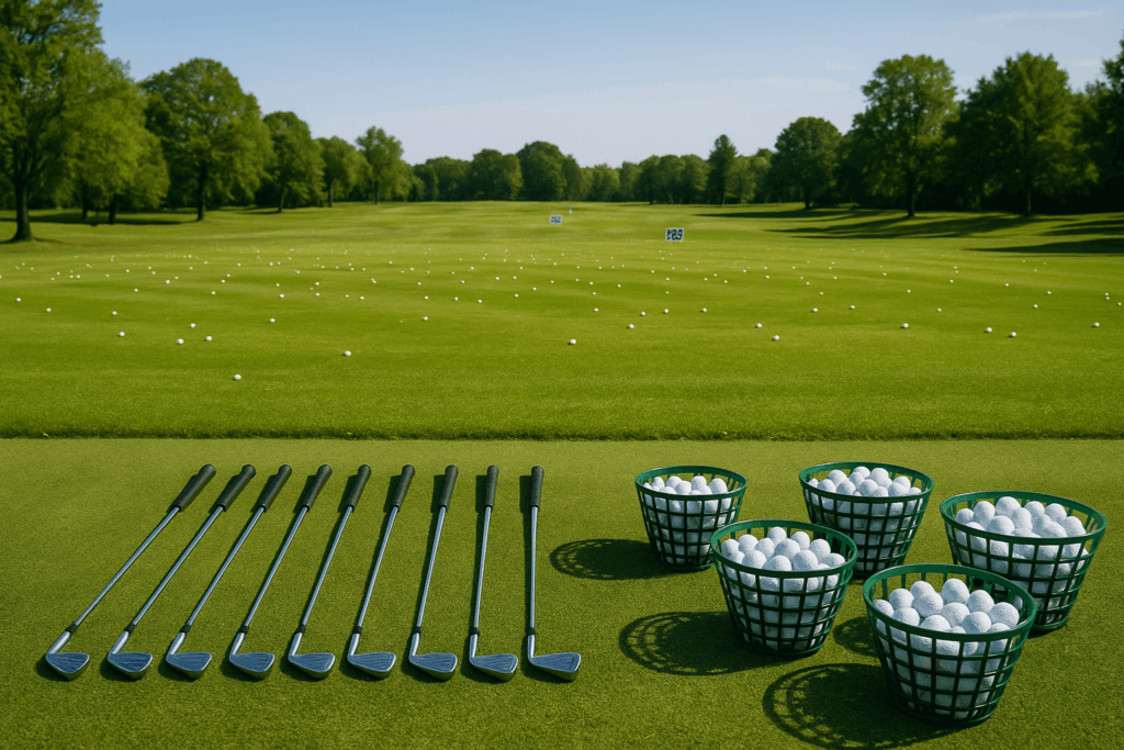 Practice de golf avec clubs alignés et paniers de balles blanches sur gazon