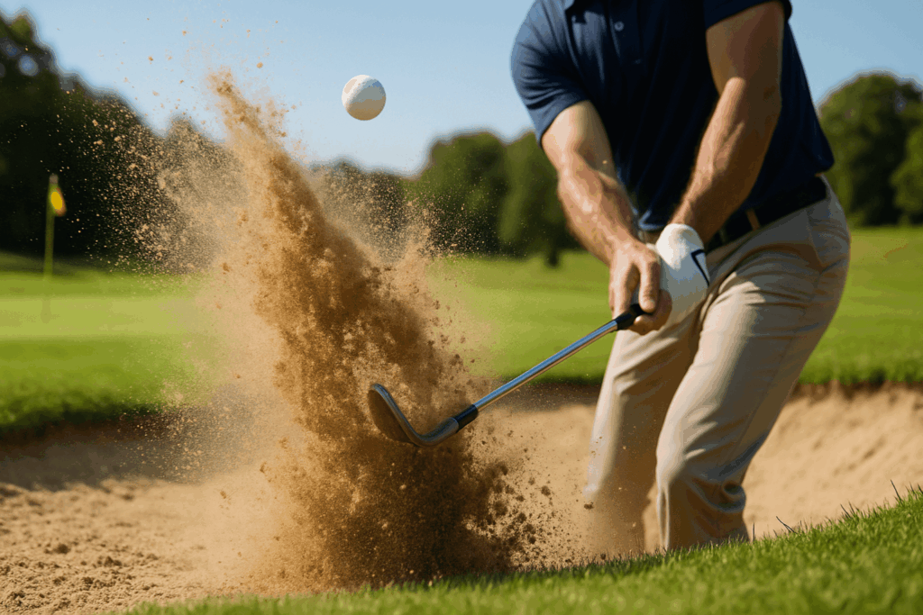 Golfeur frappant une sortie de bunker avec un sand wedge, sable projeté.