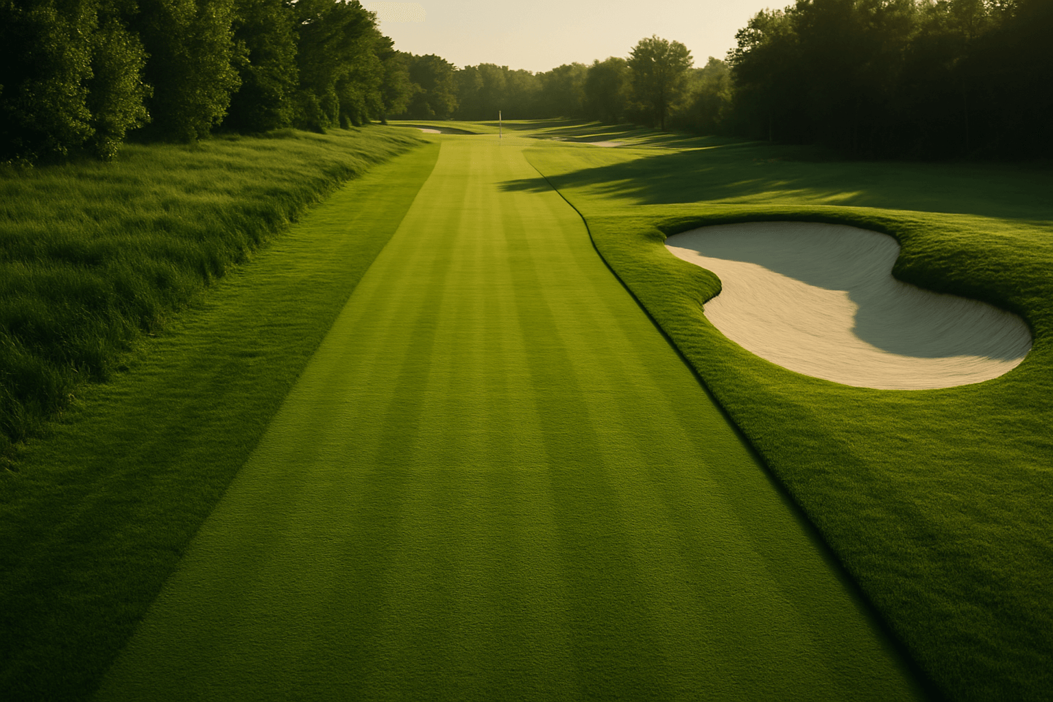 Fairway étroit de golf avec bunker de sable et rough haut, illustrant la difficulté du fairway en régulation.