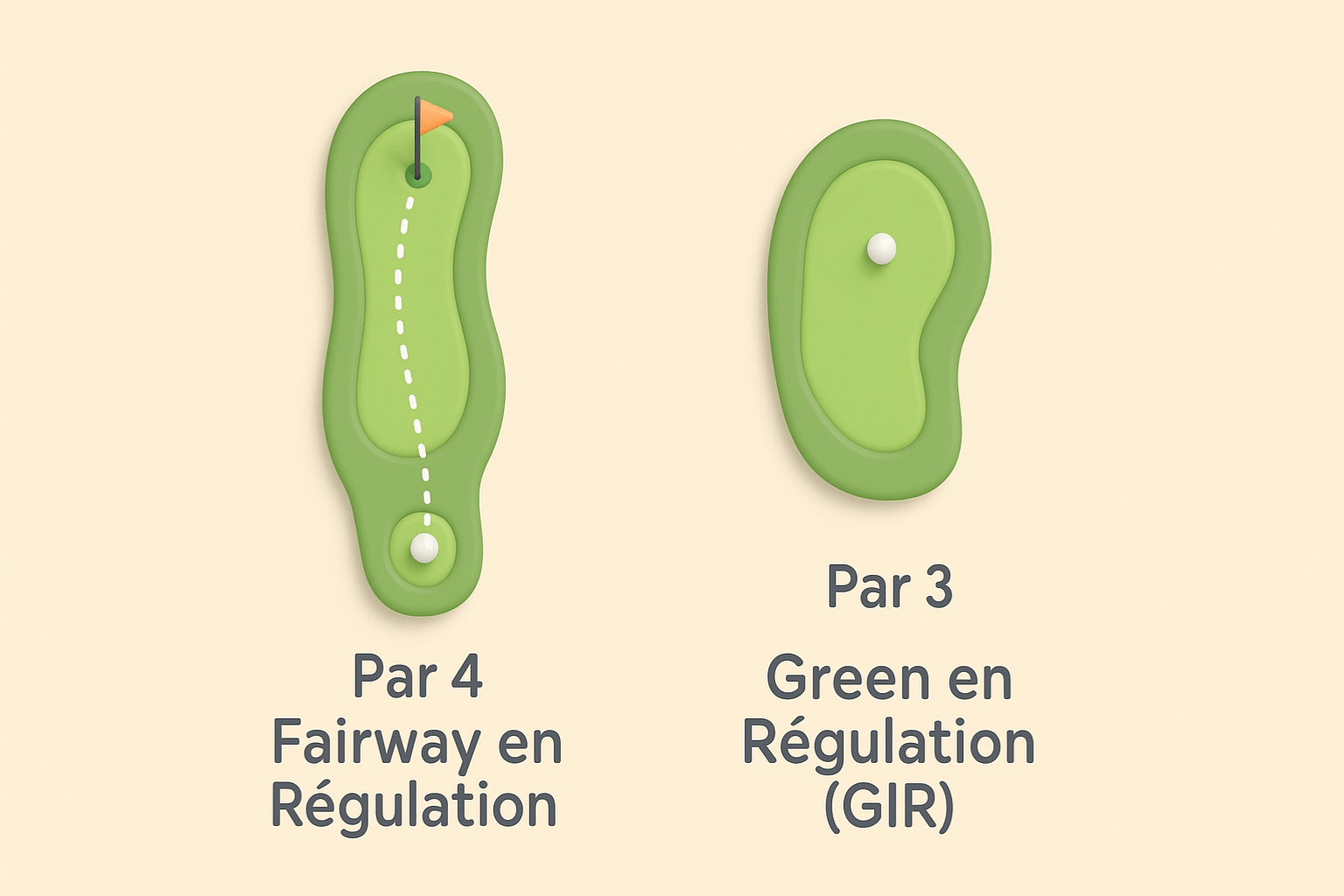 Schéma comparatif golf montrant un fairway en régulation sur par 4 et un green en régulation sur par 3.