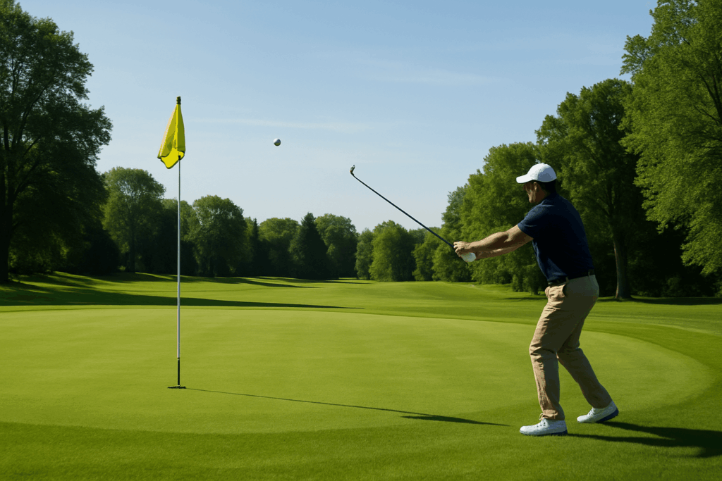 Golfeur réalisant un coup d’approche vers le green avec drapeau jaune.