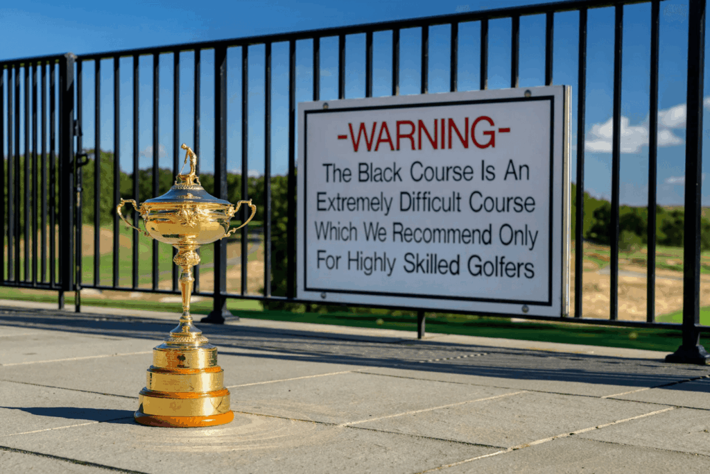Trophée de la Ryder Cup posé devant le panneau du parcours Bethpage Black, réputé pour sa difficulté extrême