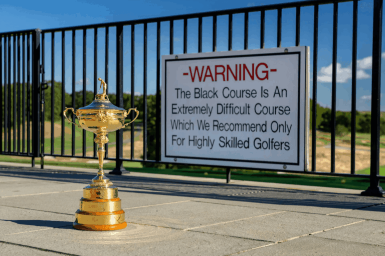Trophée de la Ryder Cup posé devant le panneau du parcours Bethpage Black, réputé pour sa difficulté extrême