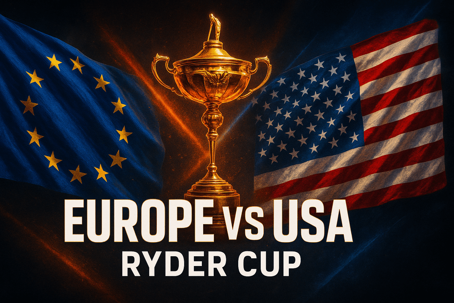 Affiche Ryder Cup avec drapeaux Europe et USA face à face et trophée doré au centre.