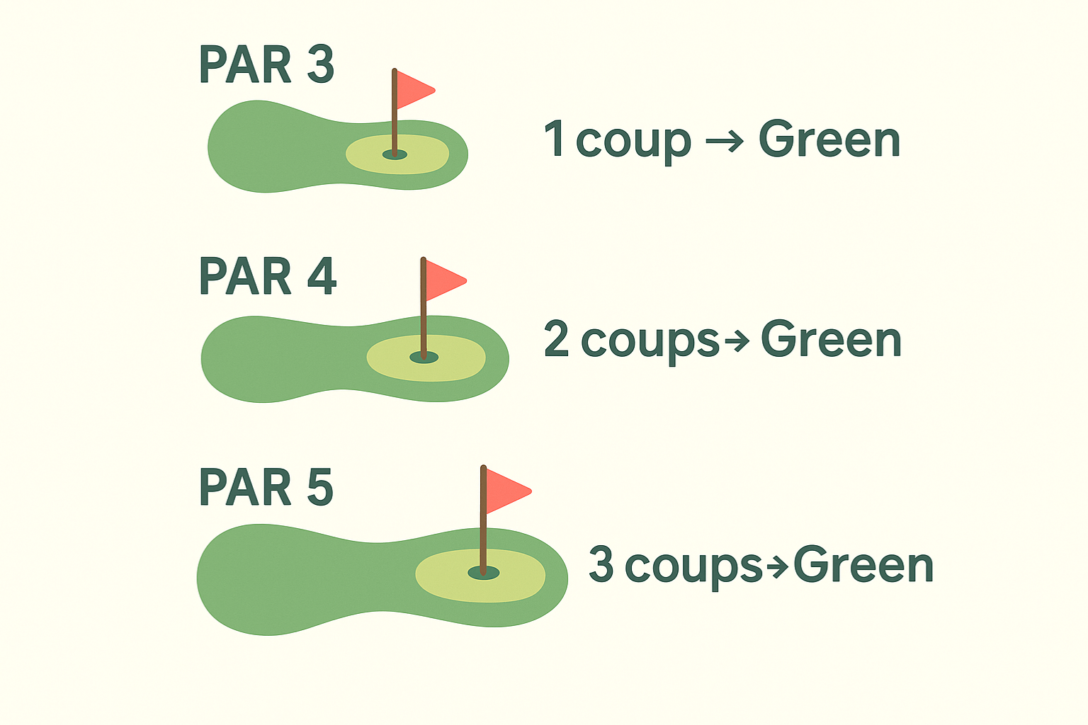 Schéma expliquant le green en régulation au golf sur un par 3, par 4 et par 5.