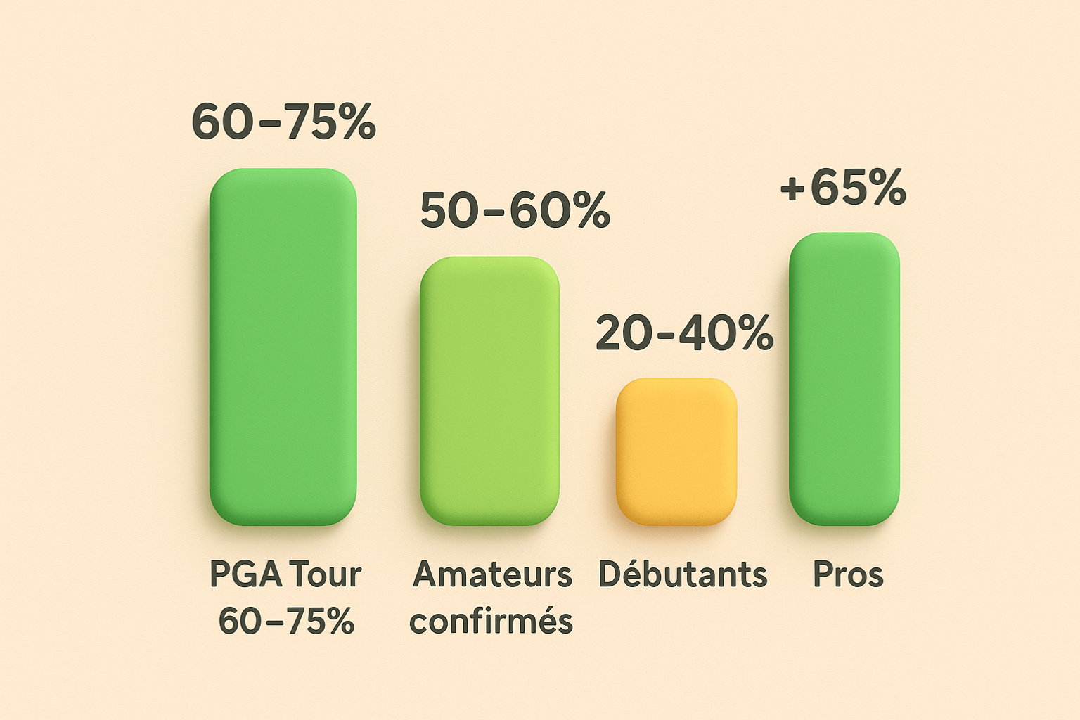 Graphique des pourcentages de fairways en régulation selon le niveau : débutants, amateurs confirmés et pros.