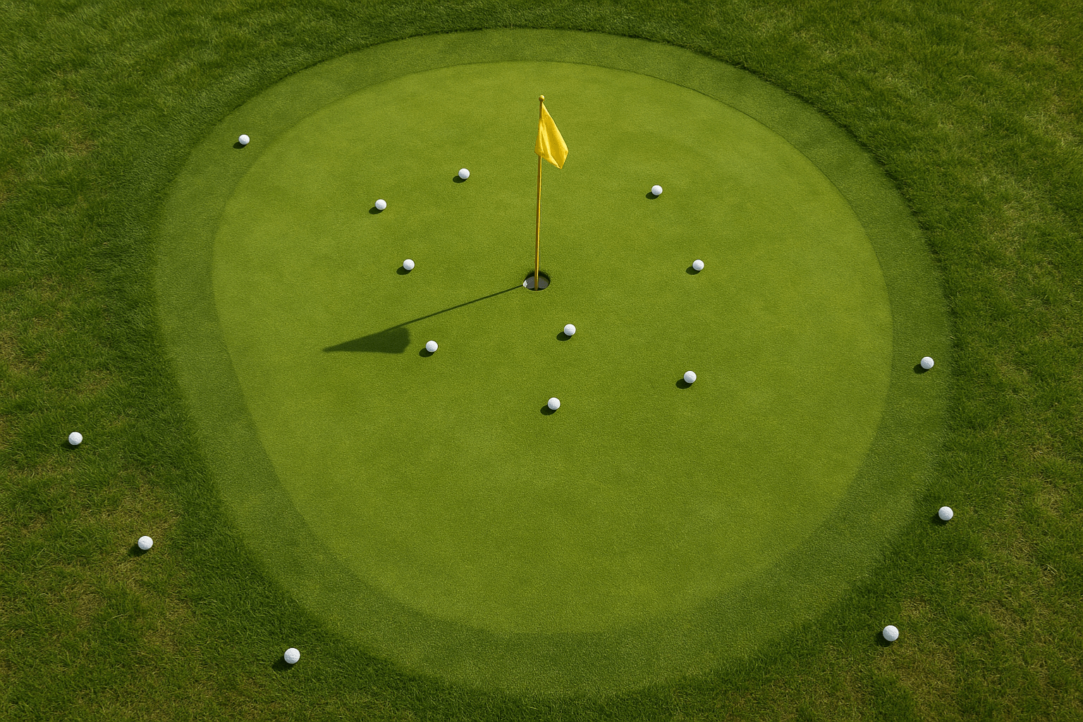 Vue aérienne d’un green avec plusieurs balles, certaines en régulation et d’autres à l’extérieur.