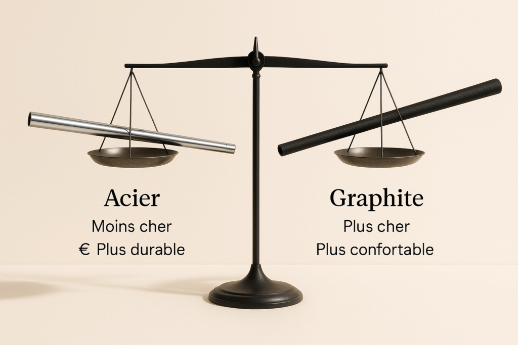 Balance illustrant la comparaison de prix et durabilité entre un shaft acier et un shaft graphite.
