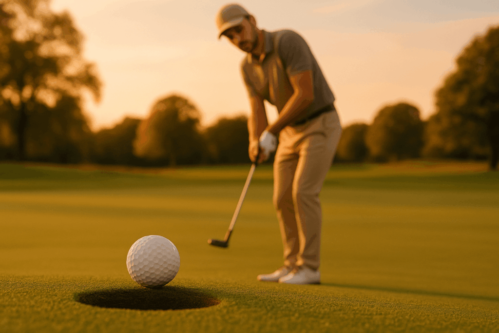 Balle de golf s’apprêtant à tomber dans le trou après un putt réussi.