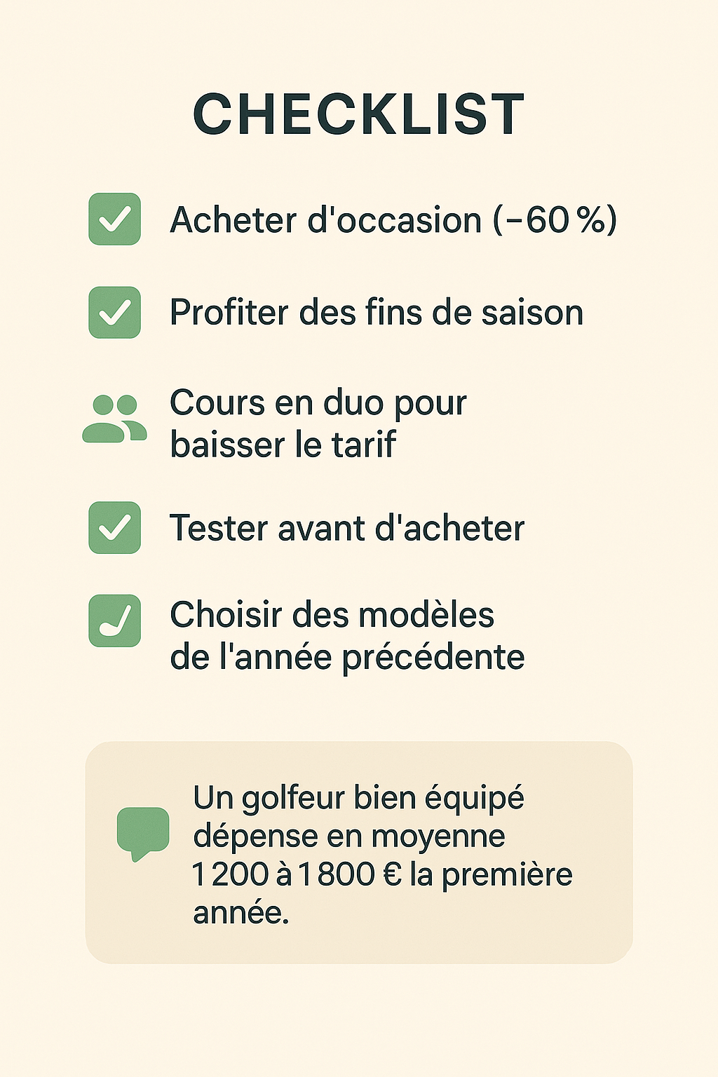 Checklist des astuces pour économiser sur le matériel de golf, avec cinq conseils illustrés.