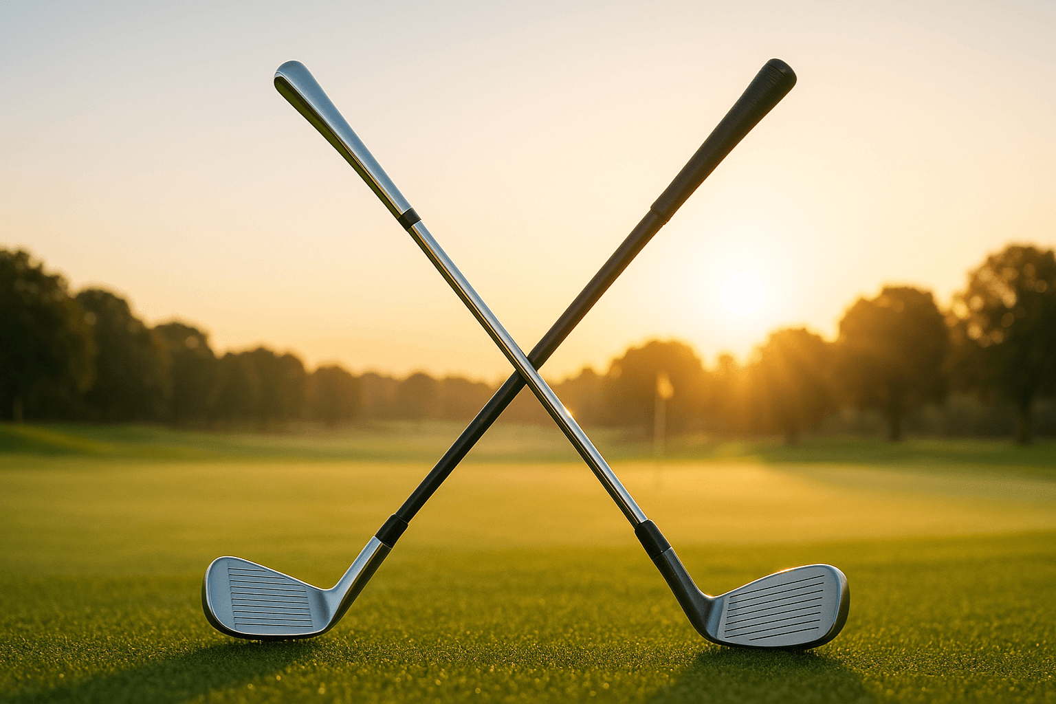 Deux clubs de golf croisés au lever du soleil illustrant la comparaison entre shaft acier et graphite.