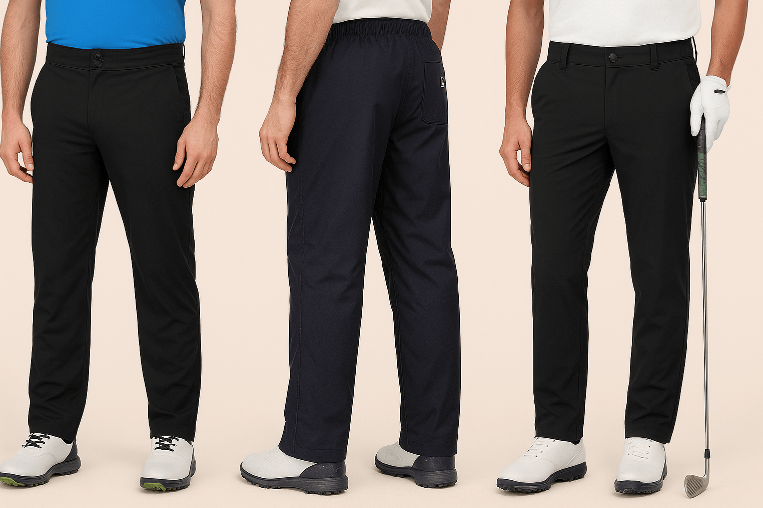 Trois pantalons de golf imperméables pour homme, Callaway, Island Green et Aoli Ray, présentés côte à côte sur fond beige.