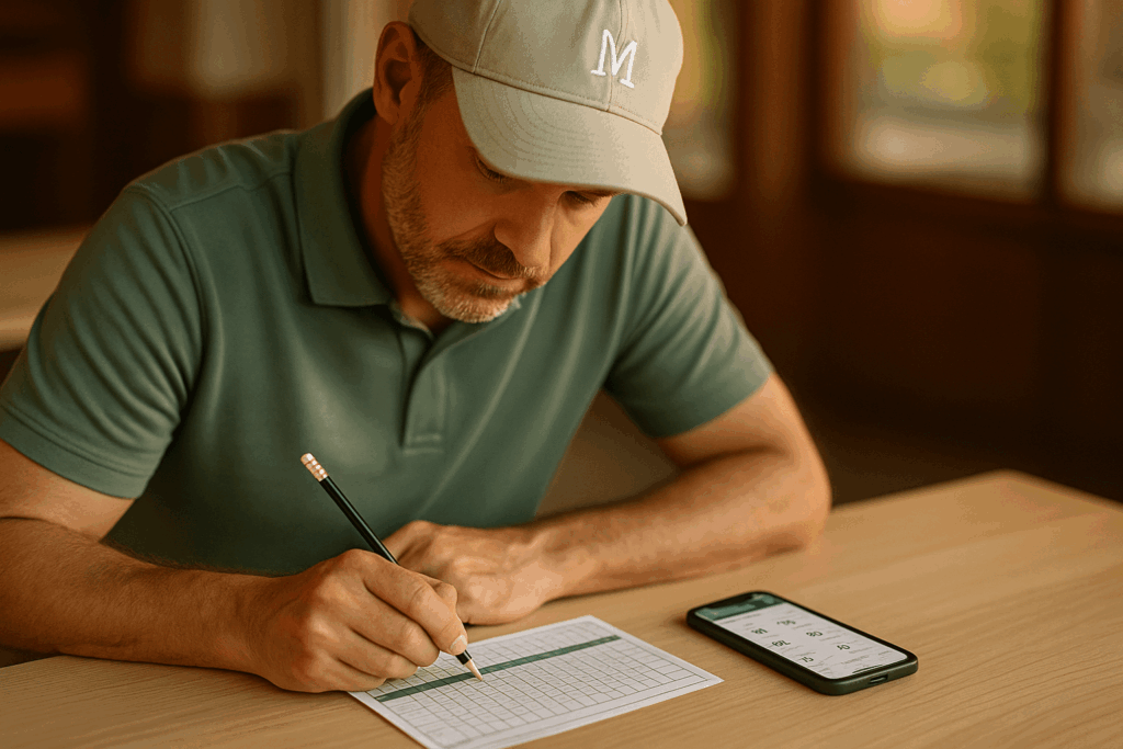 Golfeur analysant sa carte de score et ses statistiques après une partie.