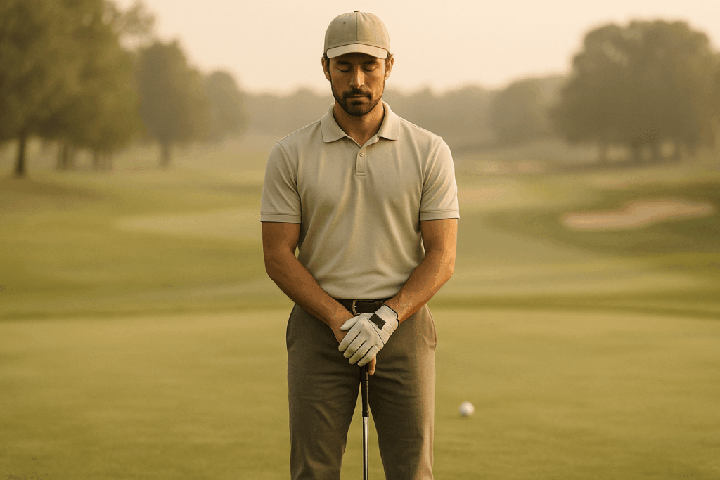 Golfeur calme et concentré pratiquant sa routine mentale sur le parcours.