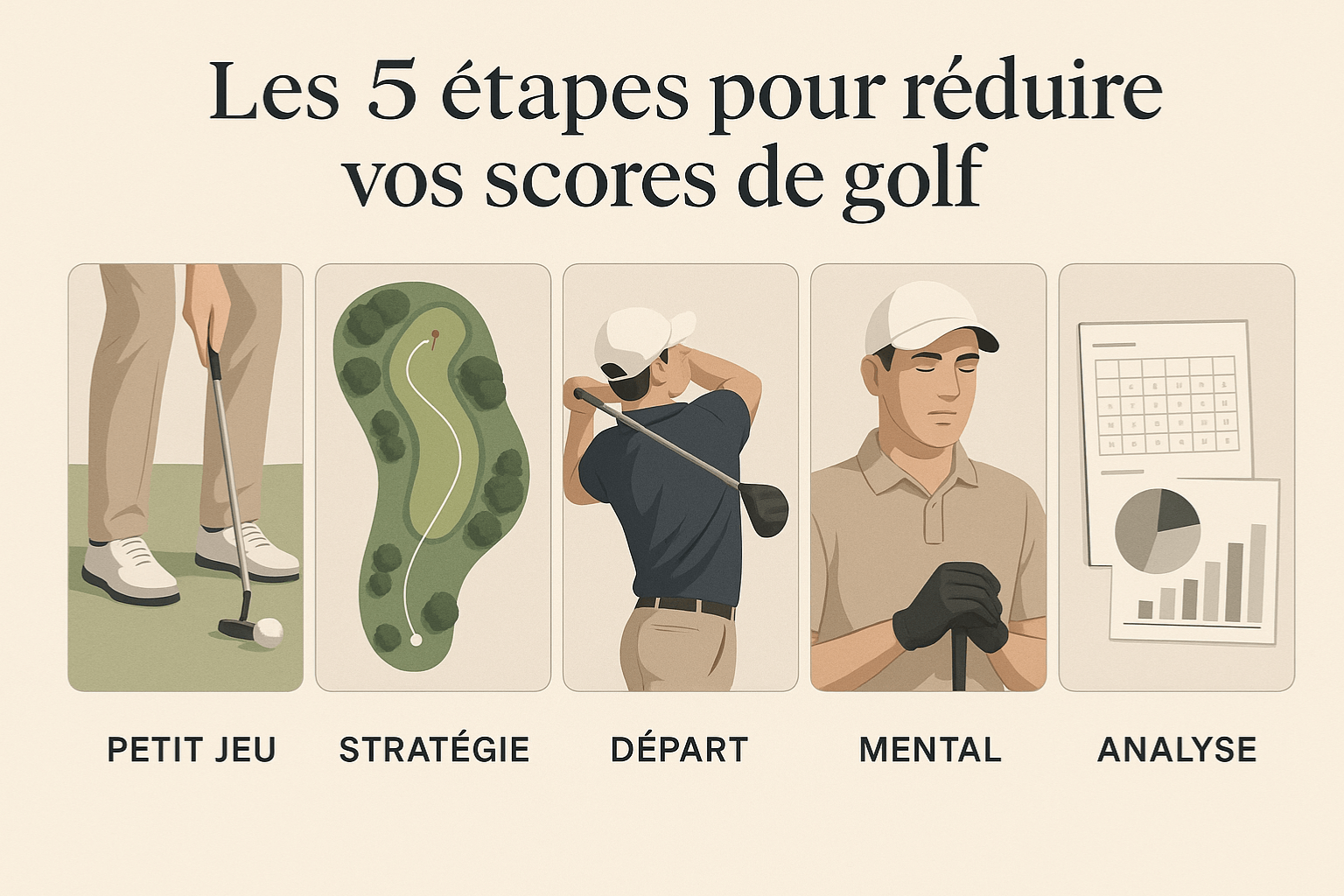 Infographie illustrant les cinq étapes pour réduire ses scores de golf.