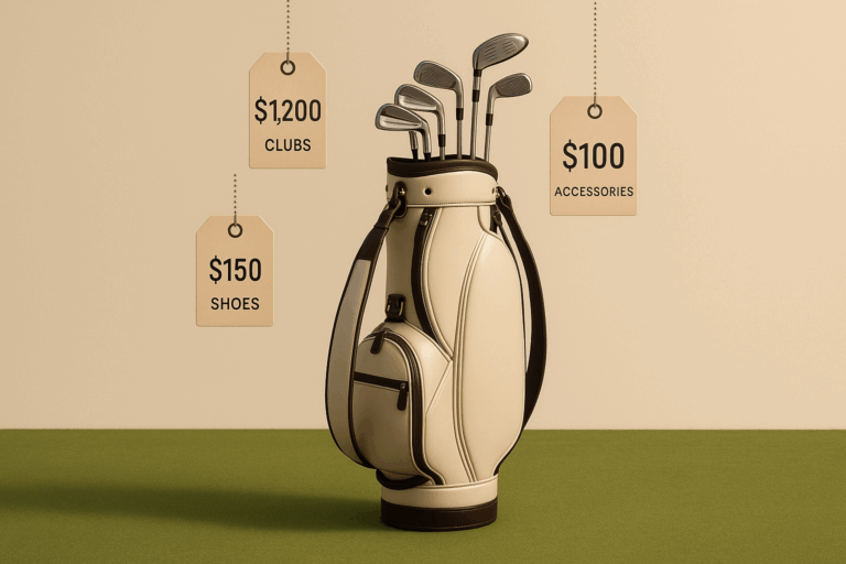 Sac de golf beige avec étiquettes de prix pour clubs, chaussures et accessoires.