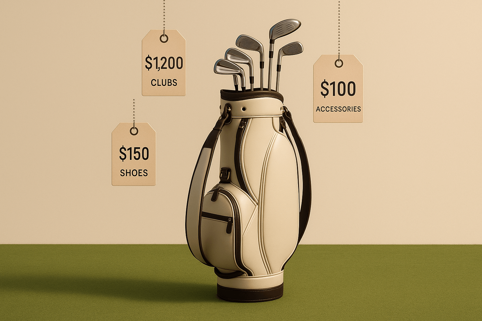 Sac de golf beige avec étiquettes de prix pour clubs, chaussures et accessoires.