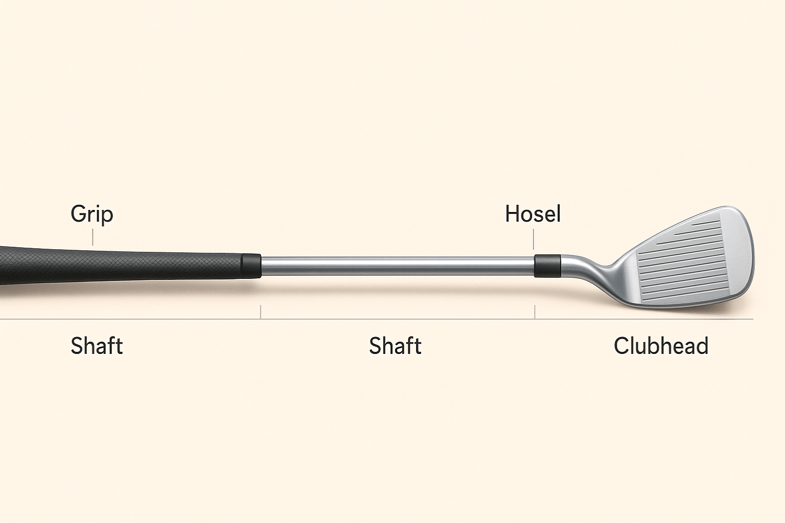 Schéma d’un club de golf indiquant le grip, le shaft, le hosel et la tête de club.