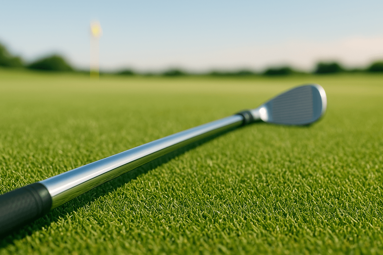 Shaft de golf en gros plan posé sur le fairway, mise au point sur le manche du club.