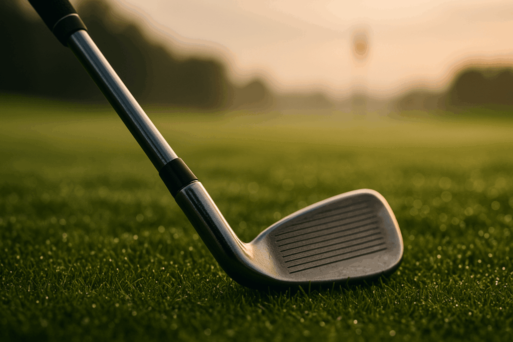 Shaft et tête de club de golf sur le fairway au coucher du soleil, ambiance lumineuse.