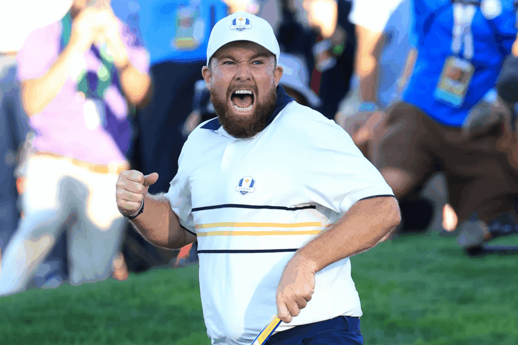Shane Lowry célèbre un point décisif pour l’Europe lors de la Ryder Cup 2025.