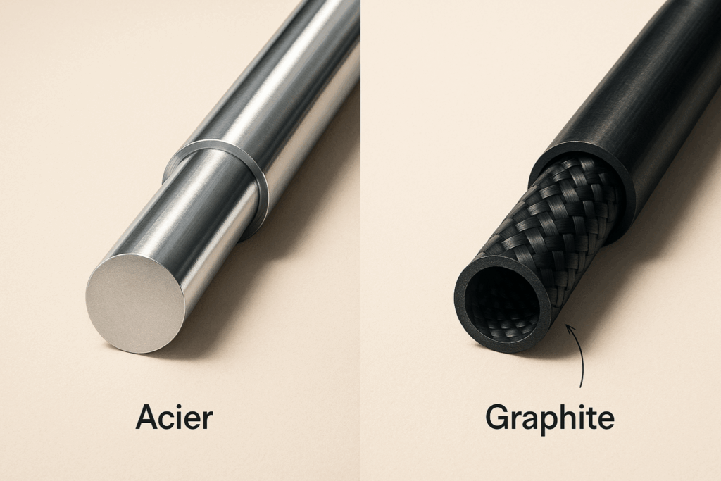 Vue en coupe réaliste montrant la différence de structure entre un shaft acier et un shaft graphite.